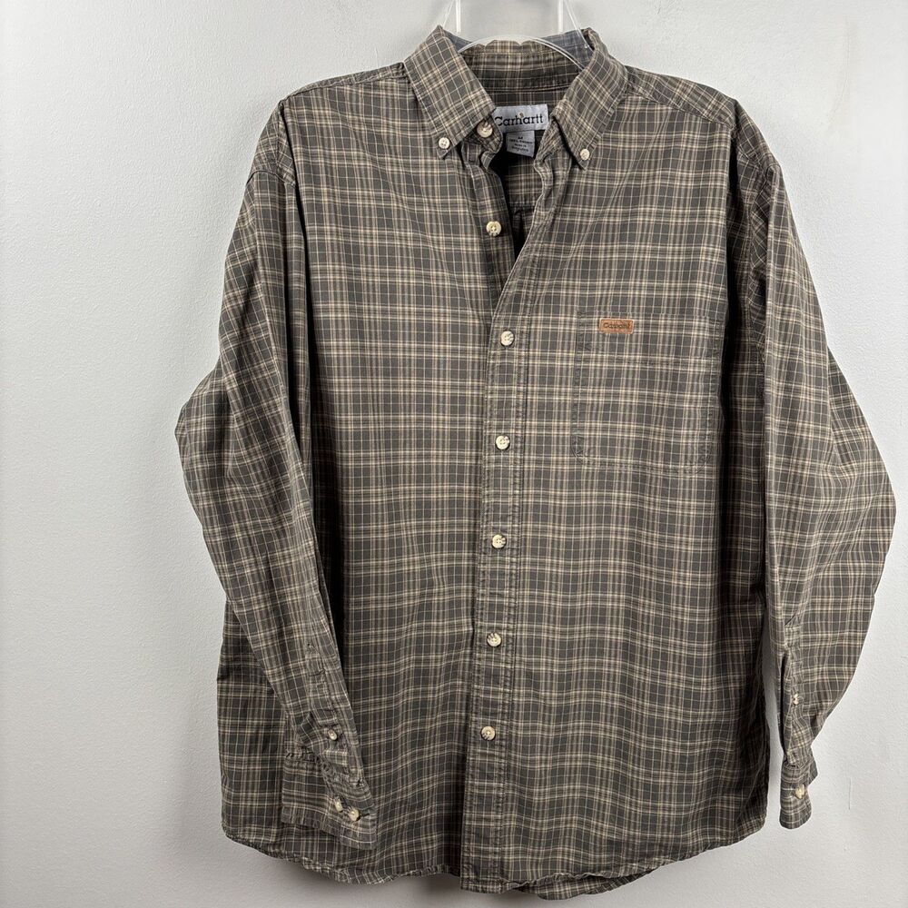 Carhartt Men Medium Olive Green Plaid Long Sleeve Button-Up w/ Leather Logo Tag - Picture 2 of 11